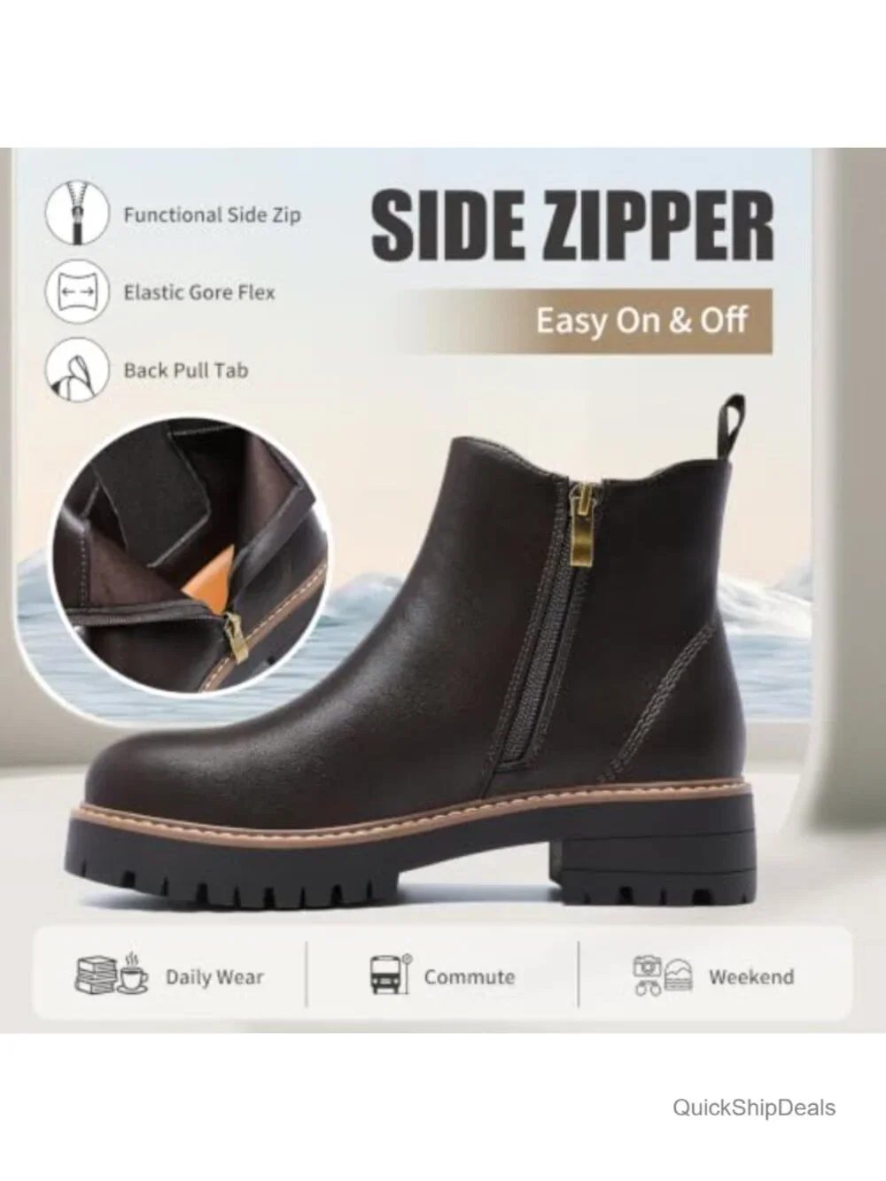 Ankle Booties Chelsea Side Zip Chunky Low Heel Round Toe Boots